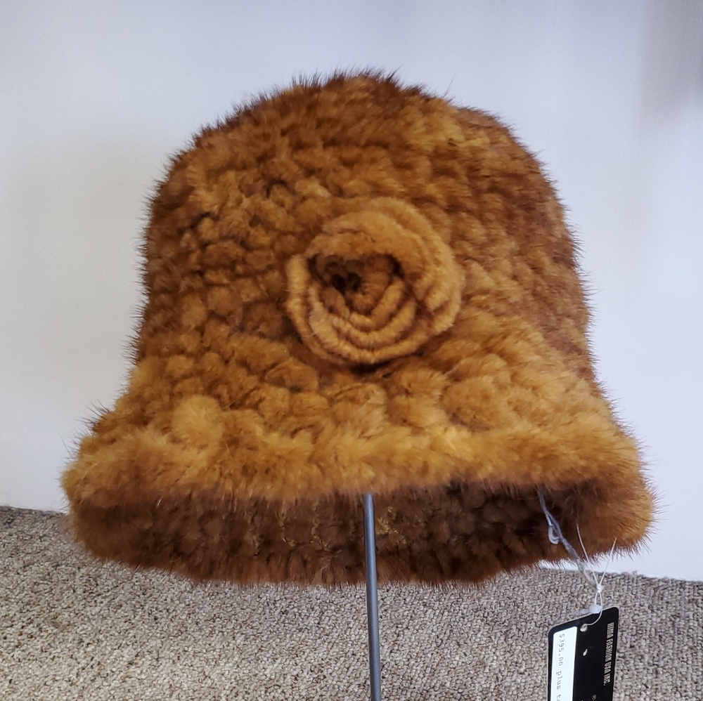 Knitted Mink Fur Hat with Rose